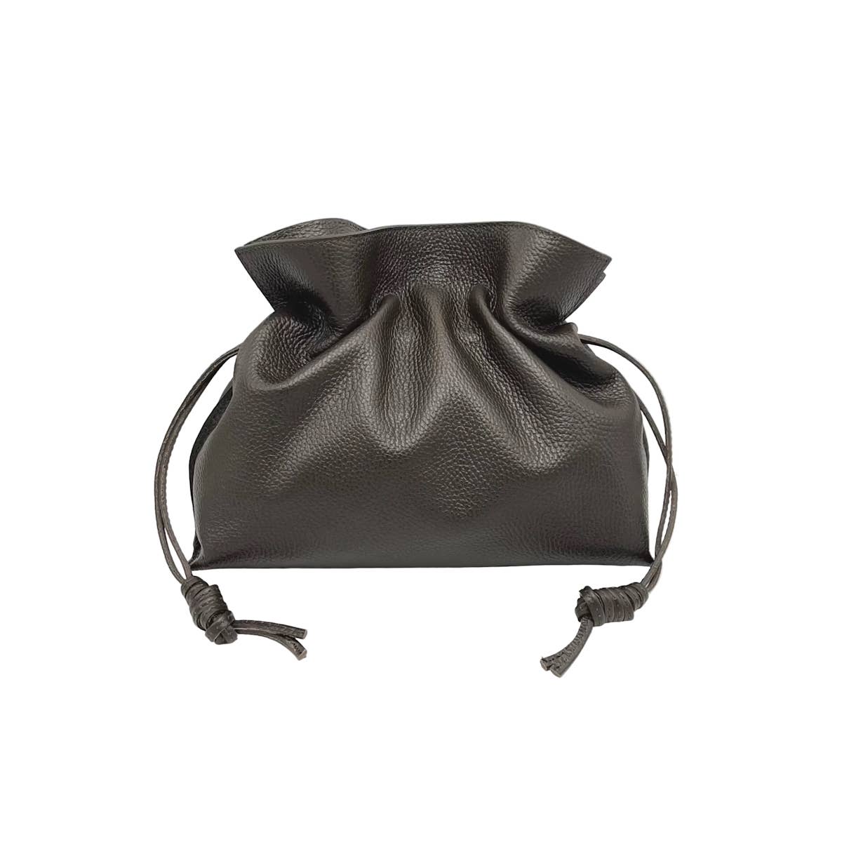 SUIE VALENTINI - Drawstring Pouch with Crossbody Strap - Dark Brown (Genuine Leather)