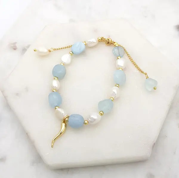 CHRYSALINI - BRACELET - Fresh Water Pearl, Blue Agate & Gold Cornicello
