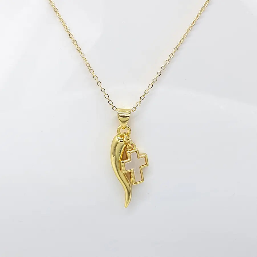 CHRYSALINI - NECKLACE - Cornicello & Mother of Pearl Cross - Gold