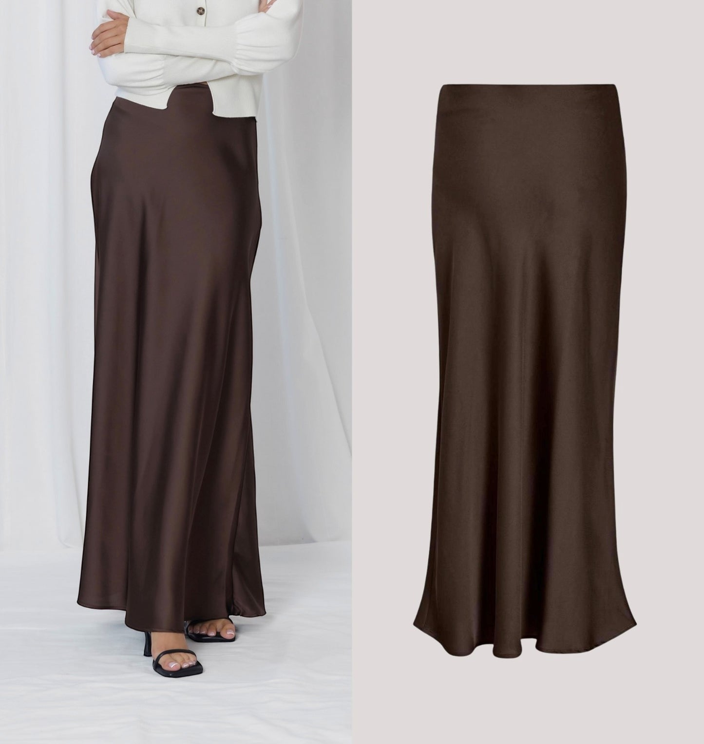 LOVE LILY THE LABEL - Elle High Waist Bias Cut Satin Maxi Skirt - Coffee