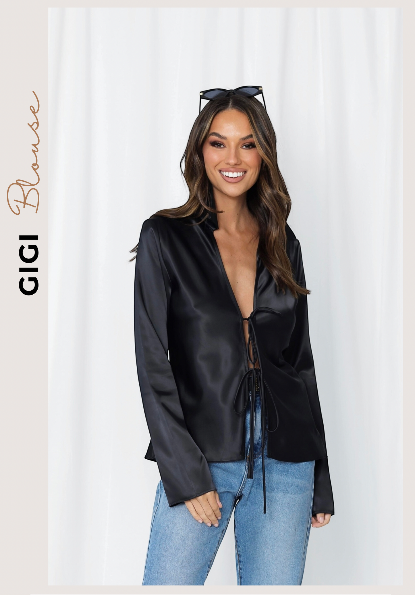 LOVE LILY THE LABEL - Gigi Satin Tie Front L/S Blouse - Black
