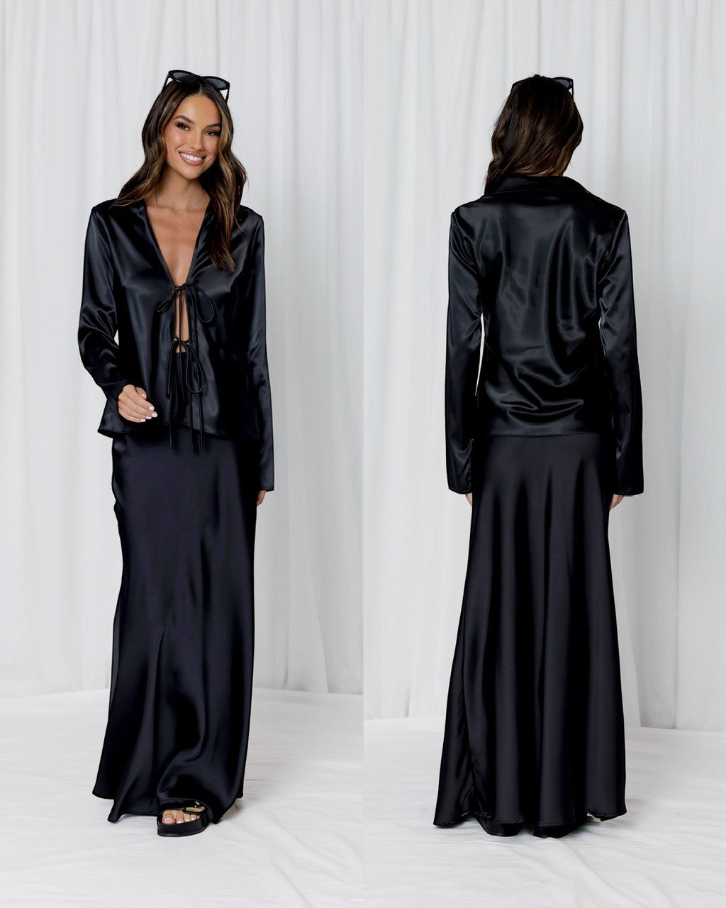 LOVE LILY THE LABEL - Gigi Satin Tie Front L/S Blouse - Black