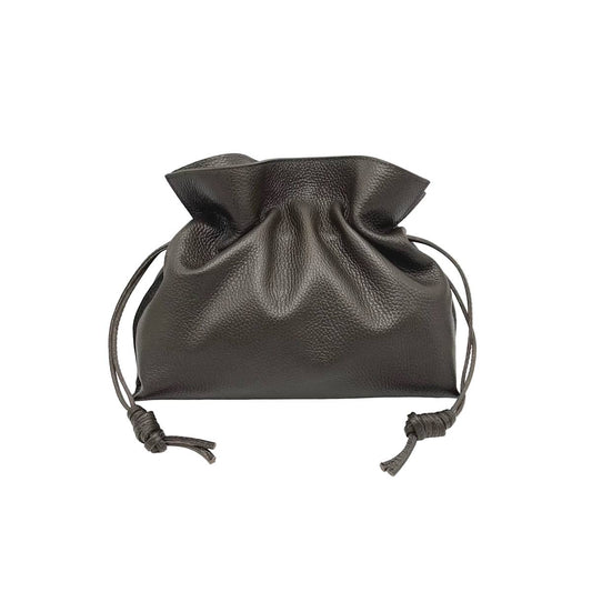 SUIE VALENTINI - Drawstring Pouch with Crossbody Strap - Dark Brown (Genuine Leather)