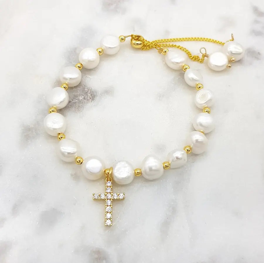 CHRYSALINI - BRACELET - Freshwater Pearl Bracelet with Cross Charm