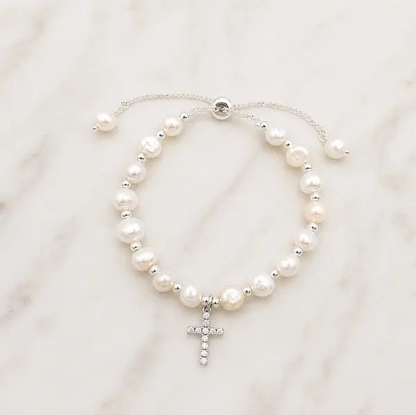 CHRYSALINI - BRACELET - Freshwater Pearl Bracelet with Cross Charm - Silver