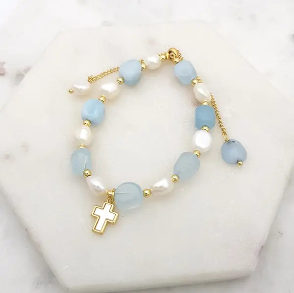 CHRYSALINI - BRACELET - Fresh Water Pearl, Blue Agate & Gold Mother of Pearl Cross