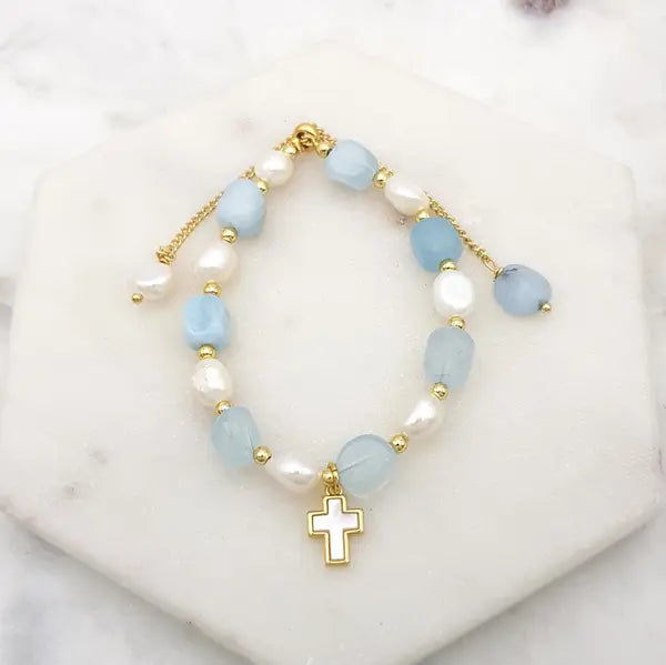 CHRYSALINI - BRACELET - Fresh Water Pearl, Blue Agate & Gold Mother of Pearl Cross