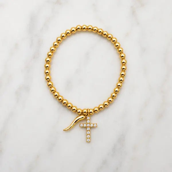 CHRYSALINI - BRACELET - Cross & Italian Cornicello Stretch Bead Bracelet - Gold
