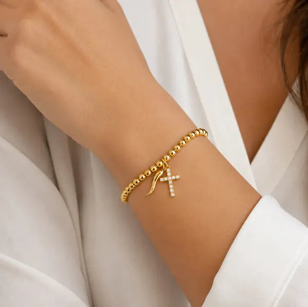 CHRYSALINI - BRACELET - Cross & Italian Cornicello Stretch Bead Bracelet - Gold