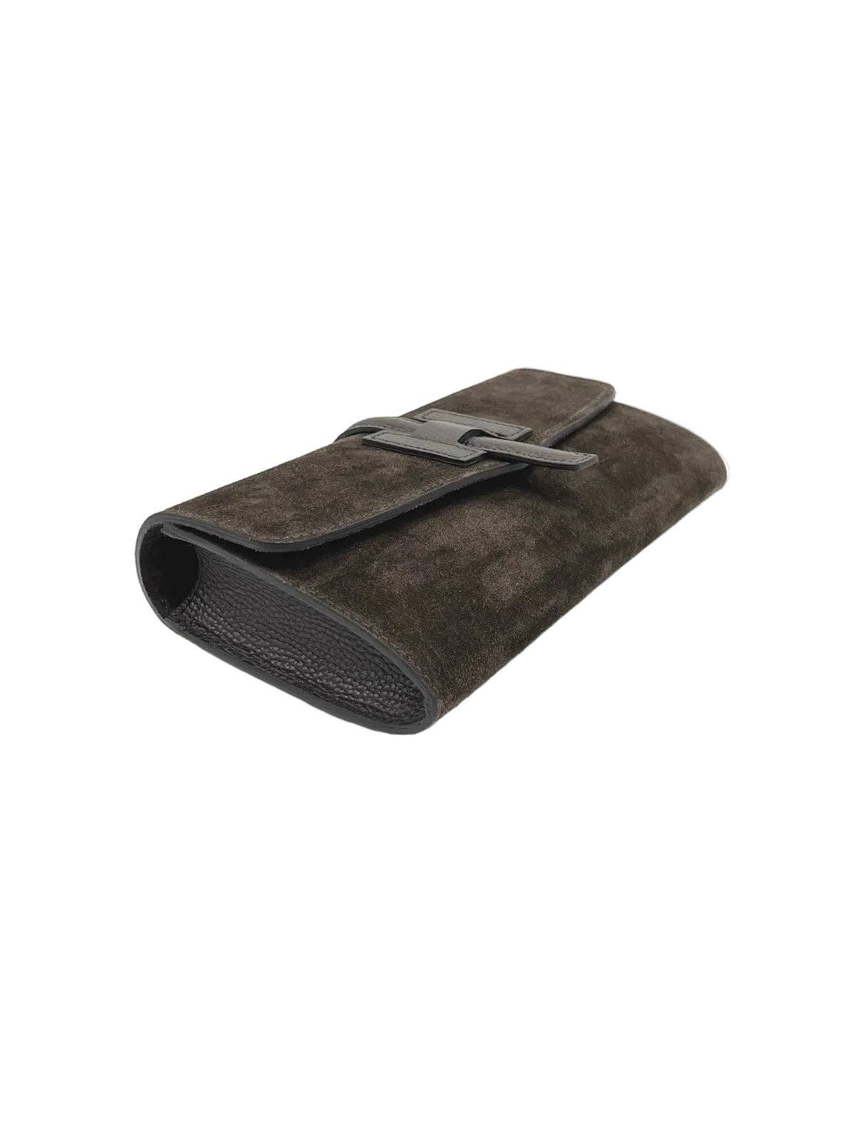 SUIE VALENTINI - Flap Clutch with Detachable Strap - Dark Brown (Suede & Genuine Leather)