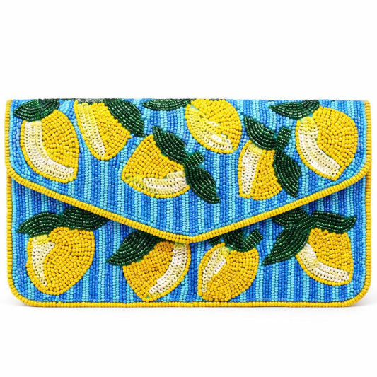 ANNA NOVA - BEADED BAG - Blue Stripe Lemon Beaded Clutch