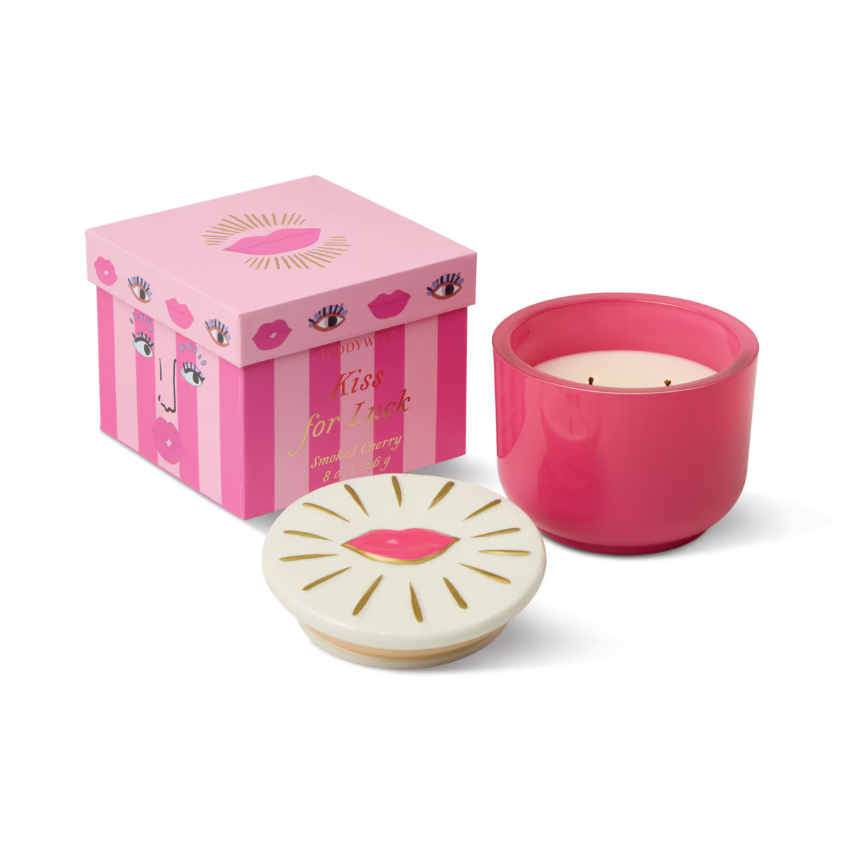 DESIGNWORKS INK - Charmed 8oz Hot Pink Glass w/ Embossed Lips Ceramic Lid & Printed Box - Smoked Cherry