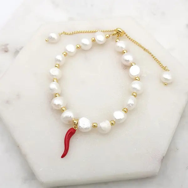 CHRYSALINI - BRACELET - Fresh Water Pearl & Red Cornicello