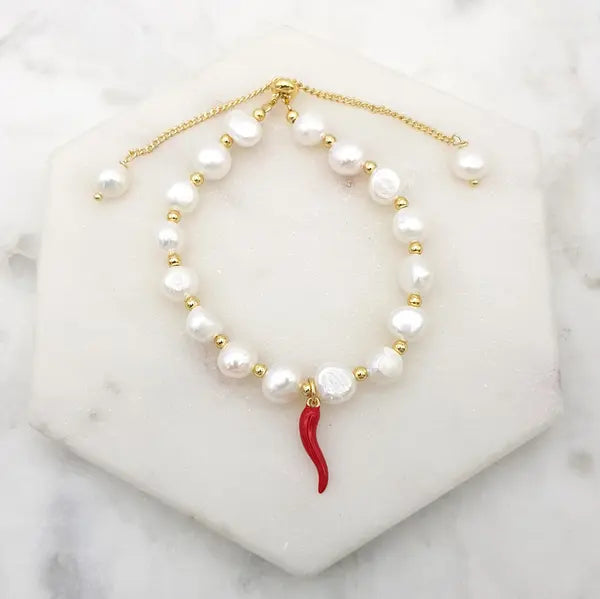CHRYSALINI - BRACELET - Fresh Water Pearl & Red Cornicello