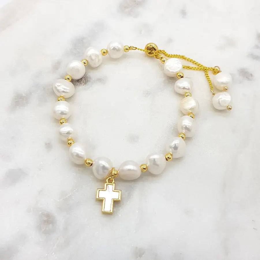 CHRYSALINI - BRACELET - Fresh Water Pearl & Mother of Pearl Blue Gold Cross