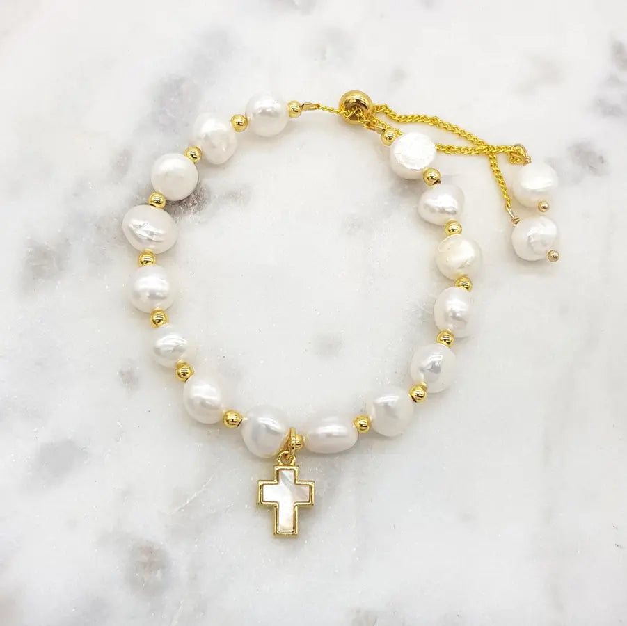 CHRYSALINI - BRACELET - Fresh Water Pearl & Mother of Pearl Blue Gold Cross