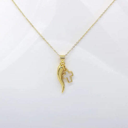 CHRYSALINI - NECKLACE - Cornicello & Mother of Pearl Cross - Gold