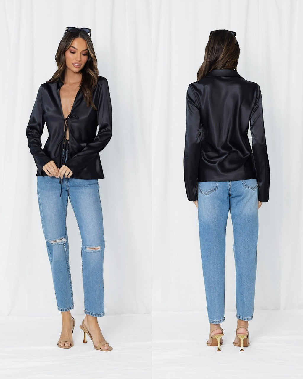 LOVE LILY THE LABEL - Gigi Satin Tie Front L/S Blouse - Black