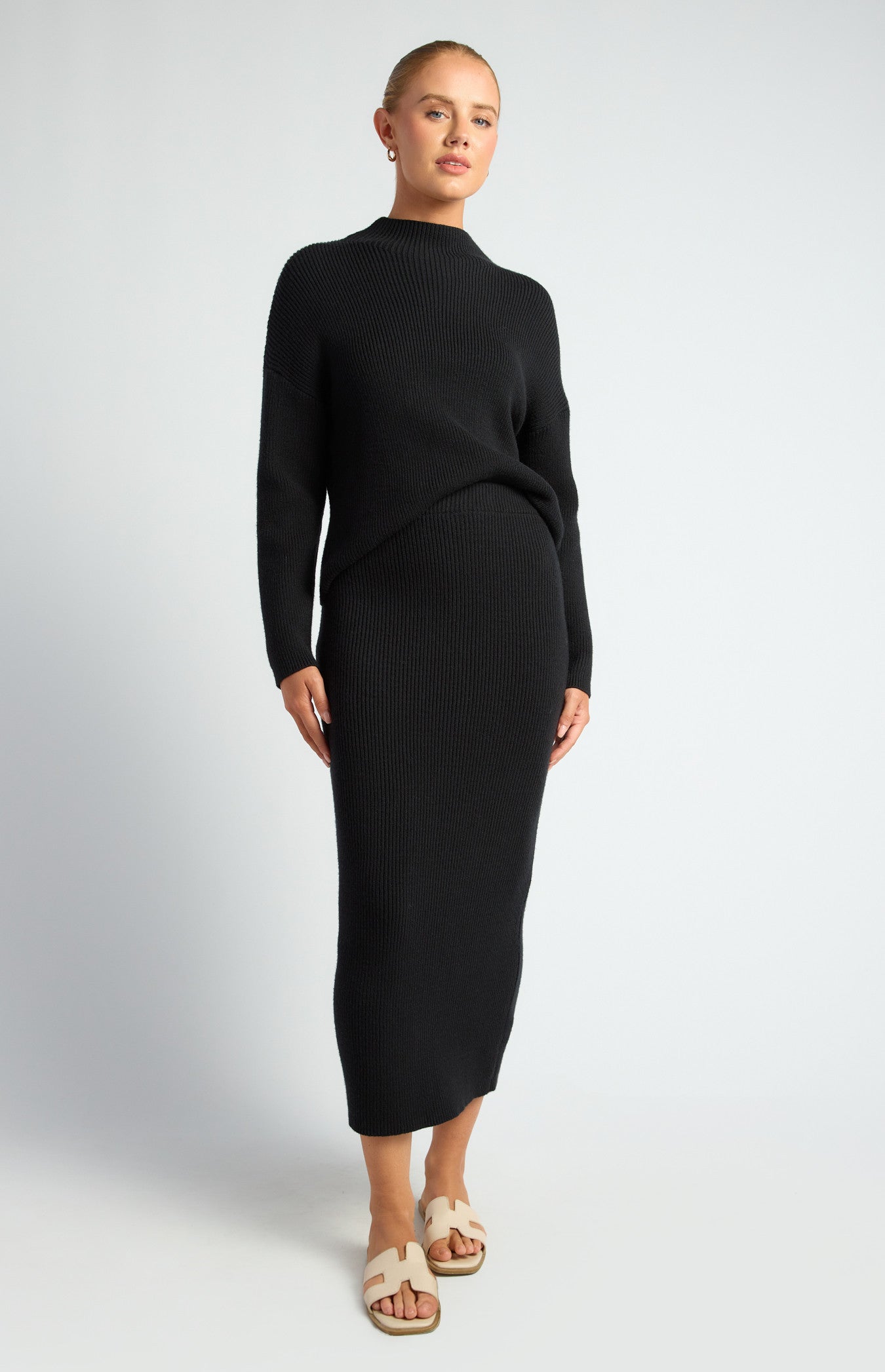 STYLE STATE - Mock neck jumper & midi skirt knit set - Black